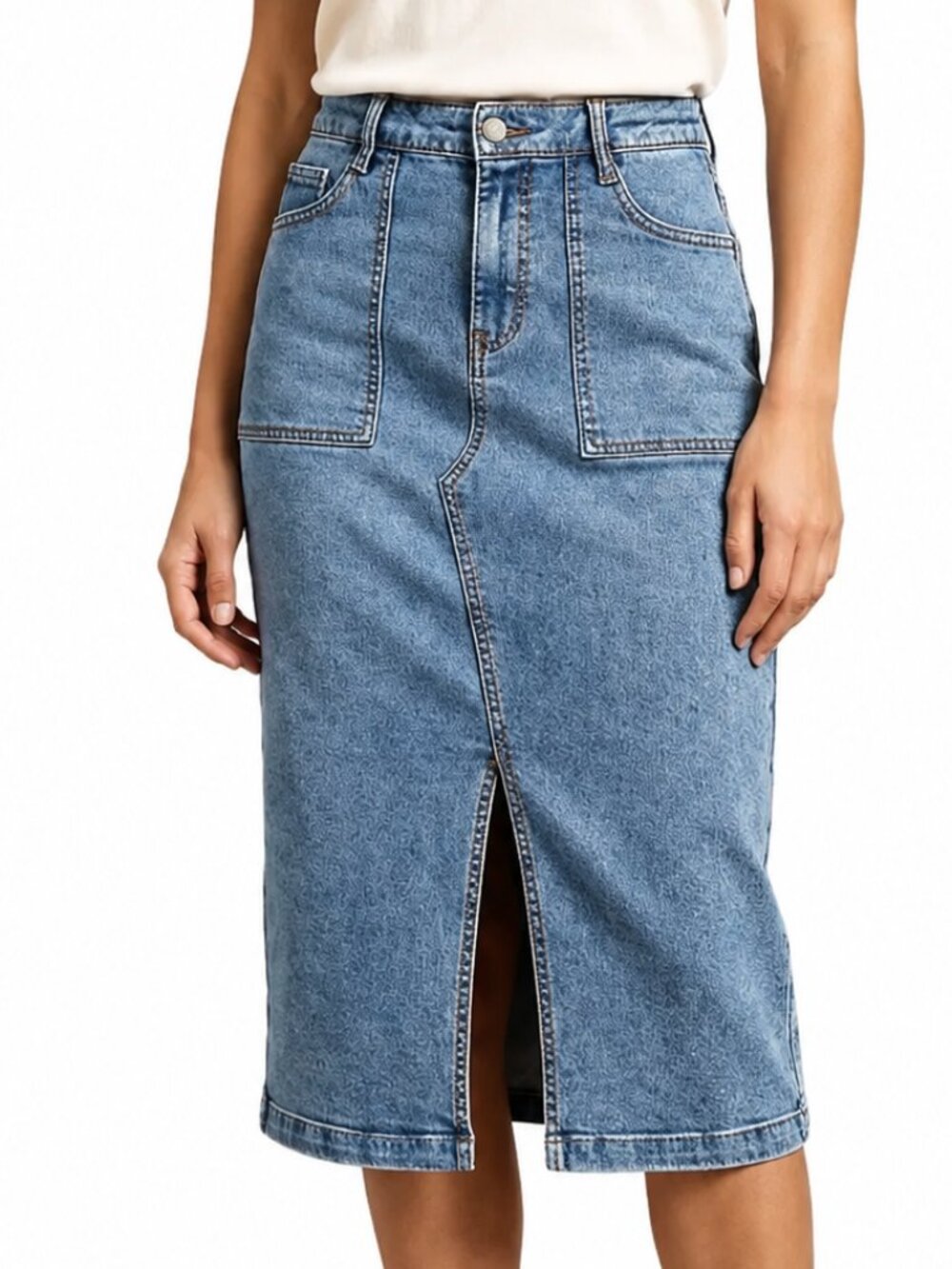 Size 5 blue denim skirt, front split. "Midi Skirt" Jean skirt. College Casual